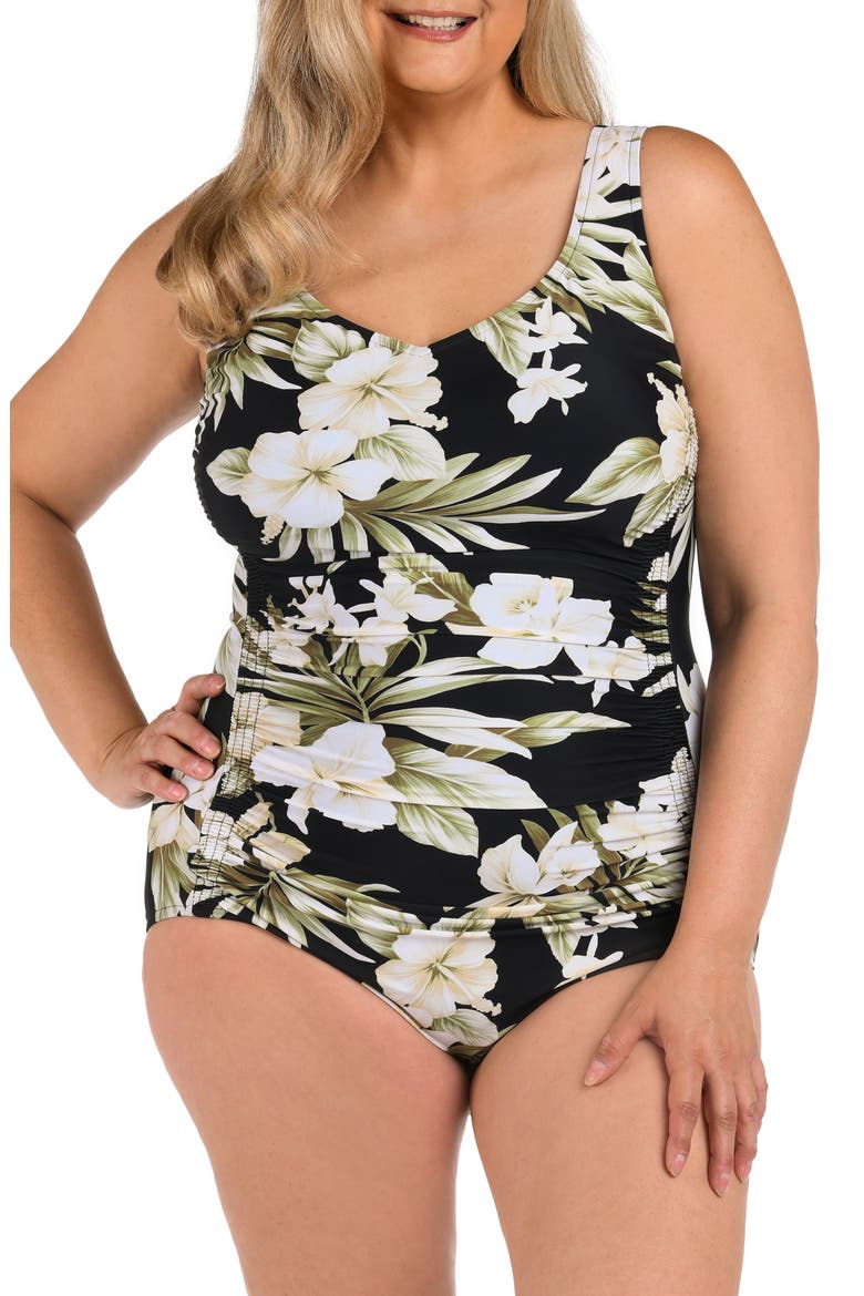 Greenery Floral One-Piece Swimsuit, Main, color, BLACK