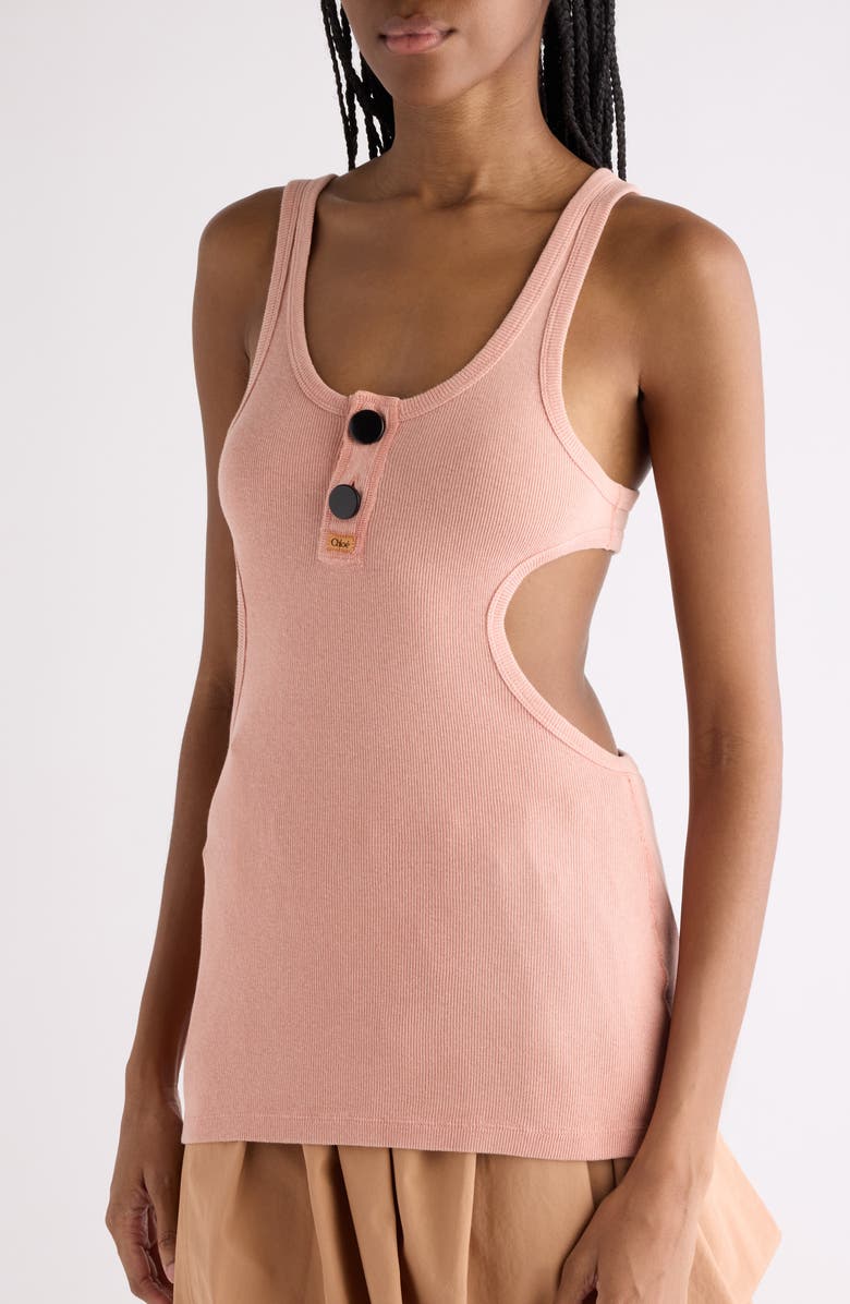 Chloé Cutout Flatlock Rib Cotton Jersey Henley Tank, Alternate, color, Coral Sand