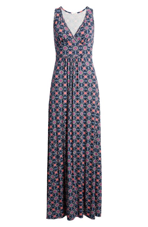 Loveappella Tie Front Cap Sleeve Midi A-line Dress In Navy/magenta