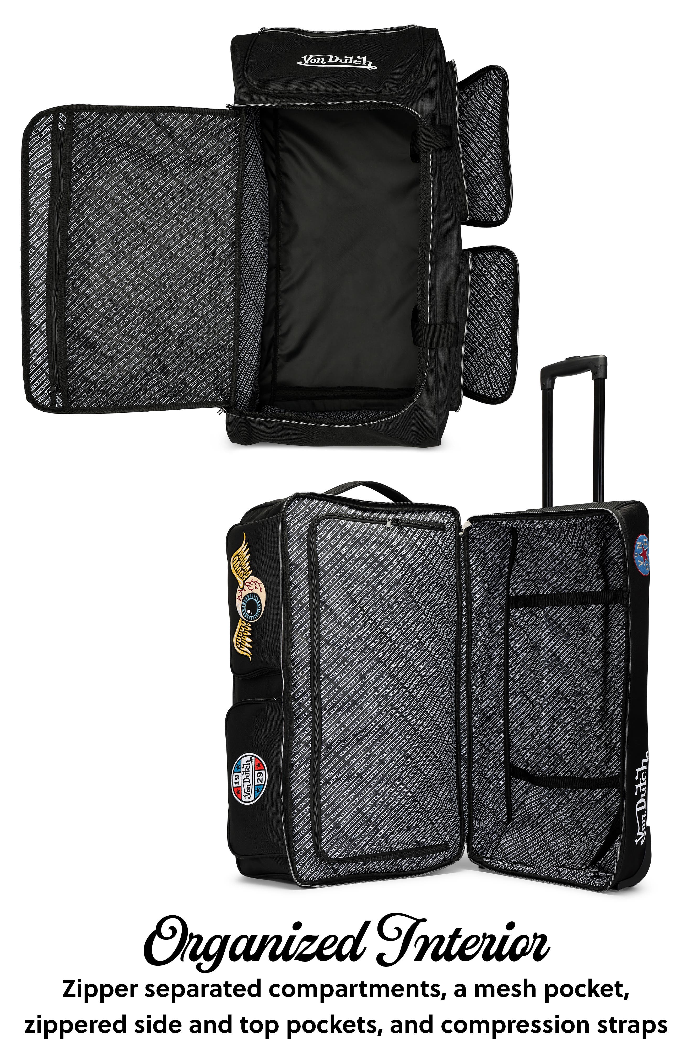 Von Dutch Signature Patch Rolling Travel Duffel Bag with Inline Skate Wheels, Alternate, color, Black