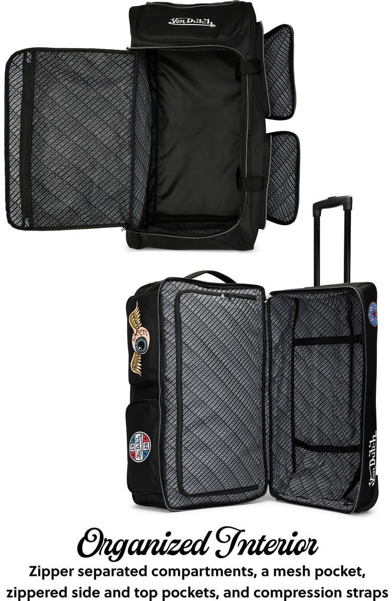 Von Dutch Signature Patch Rolling Travel Duffel Bag with Inline Skate Wheels, Alternate, color, Black