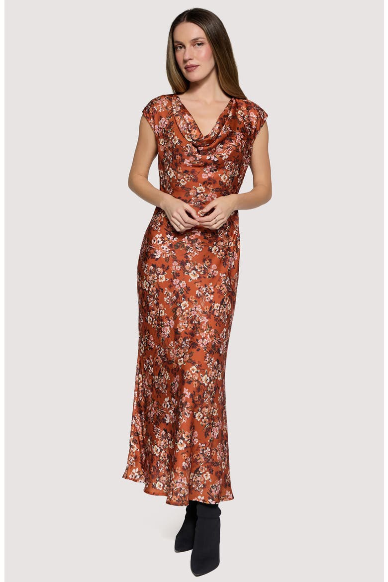 Bouquet Cowl Neck Satin Maxi Dress, Alternate, color, RUST FLORAL