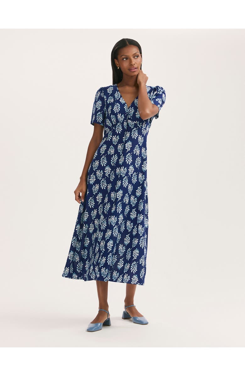 Finery London Martina Printed Crepe Midi Dress, Main, color, Navy Woodblock