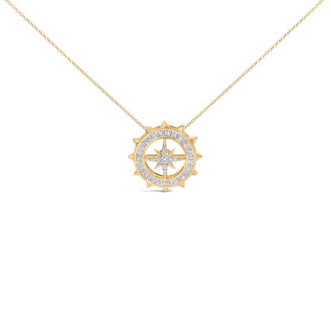 14KT Yellow Gold Plated Sterling Silver 1 Cttw Diamond Compass Medallion Pendant Necklace