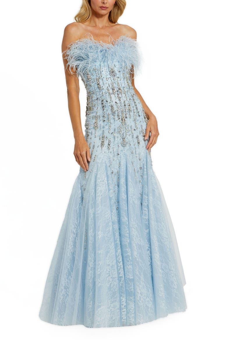 Strapless Feather Embellished Mermaid Gown, Main, color, Powder Blue