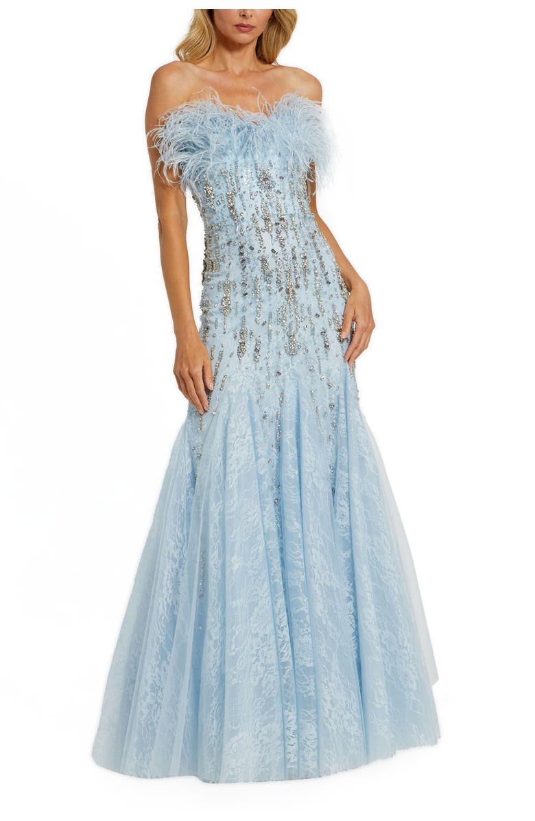 Mac Duggal Strapless Feather Embellished Mermaid Gown, Main, color, Powder Blue