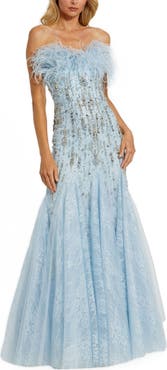 Mac Duggal Strapless Feather Embellished Mermaid Gown