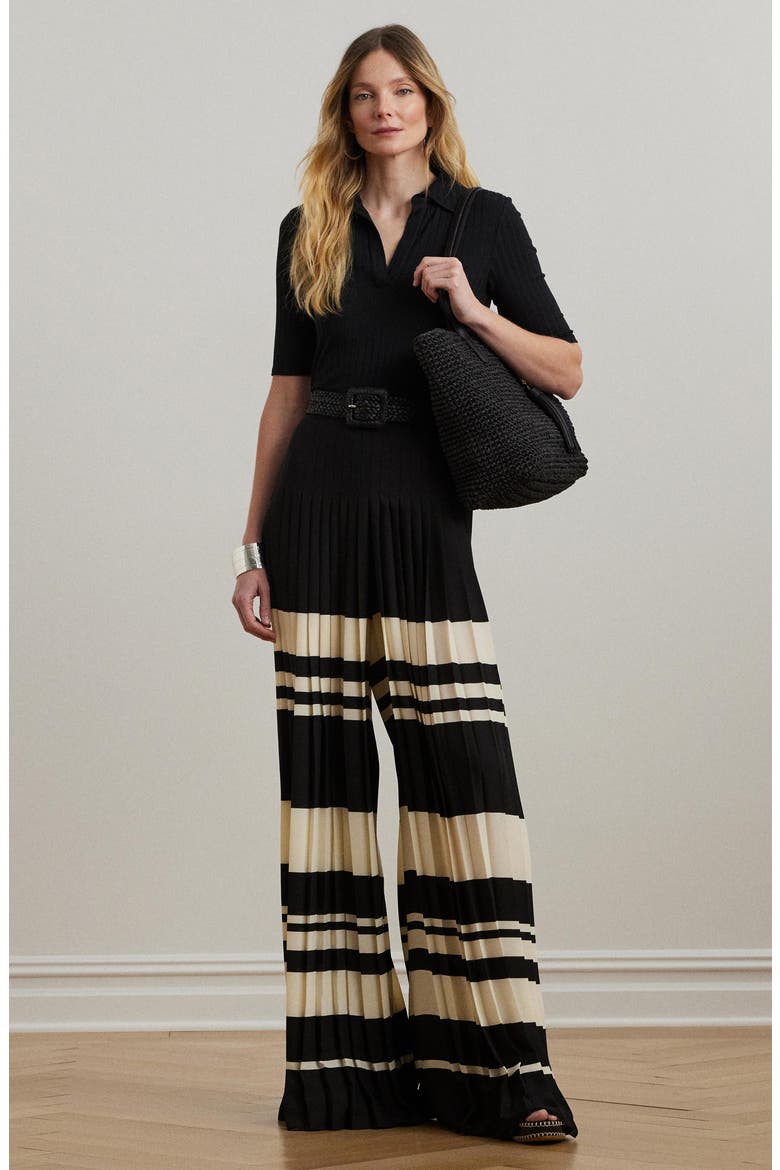 Pleated Stripe Georgette Wide Leg Pants, Alternate, color, CREAM/BLACK