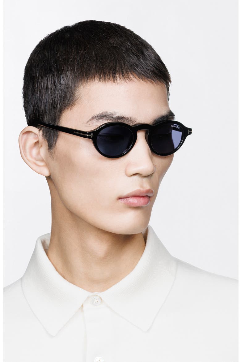 Aristotele 48mm Small Oval Sunglasses, Alternate, color, SHINY BLACK / BLUE LENS