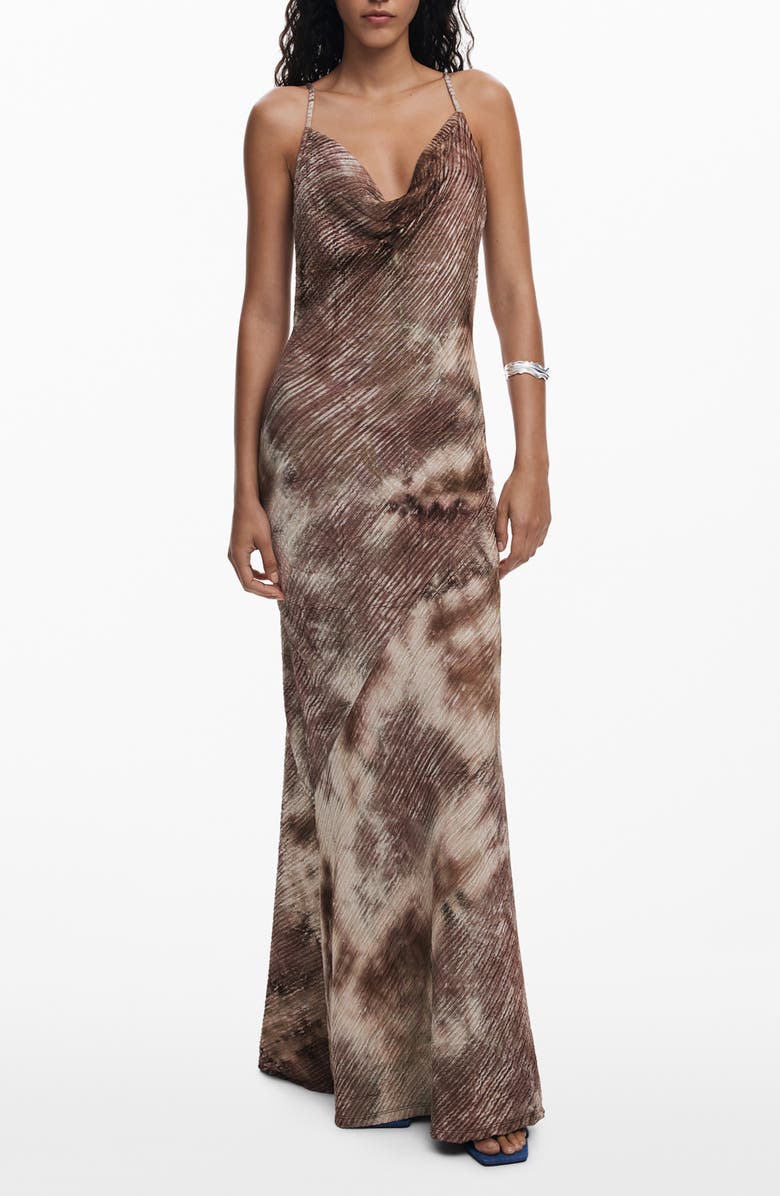 Desigual Cowl Neck Ribbed Maxi Dress, Main, color, Brown
