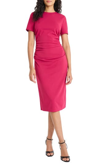 Maggy London Ruched Short Sleeve Midi Dress In Red