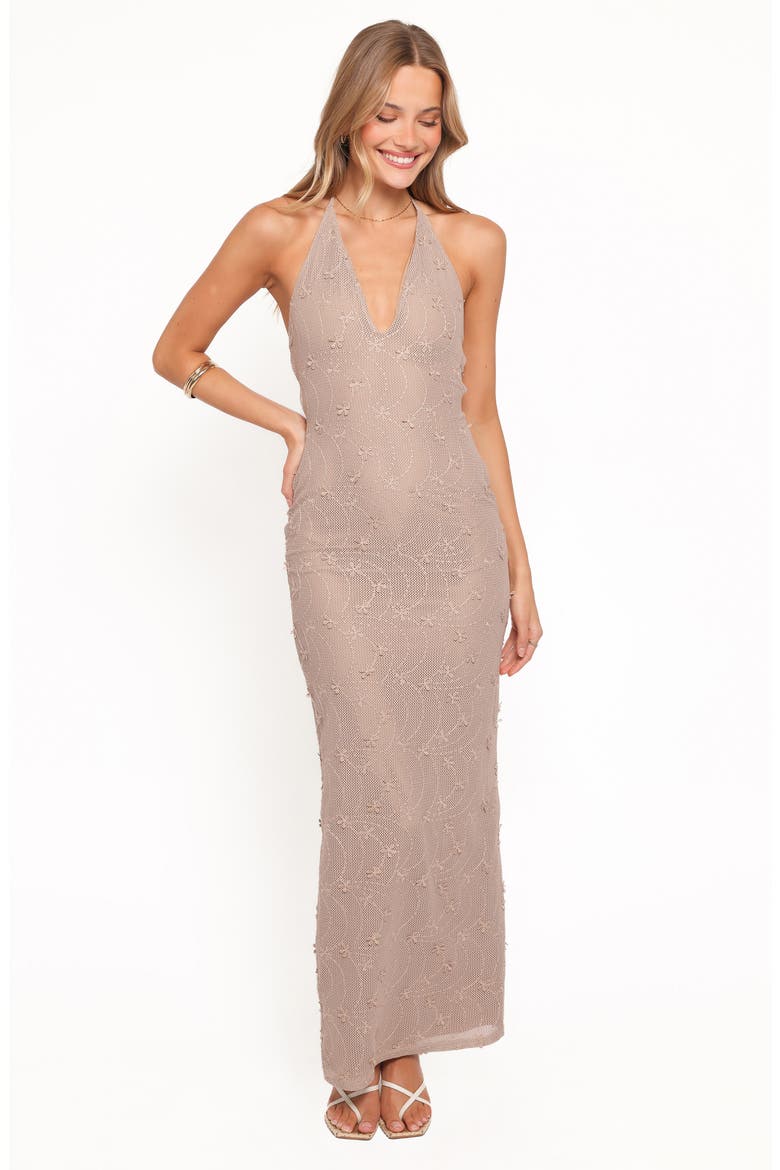 Riley Floral Halter Maxi Dress, Alternate, color, TAUPE