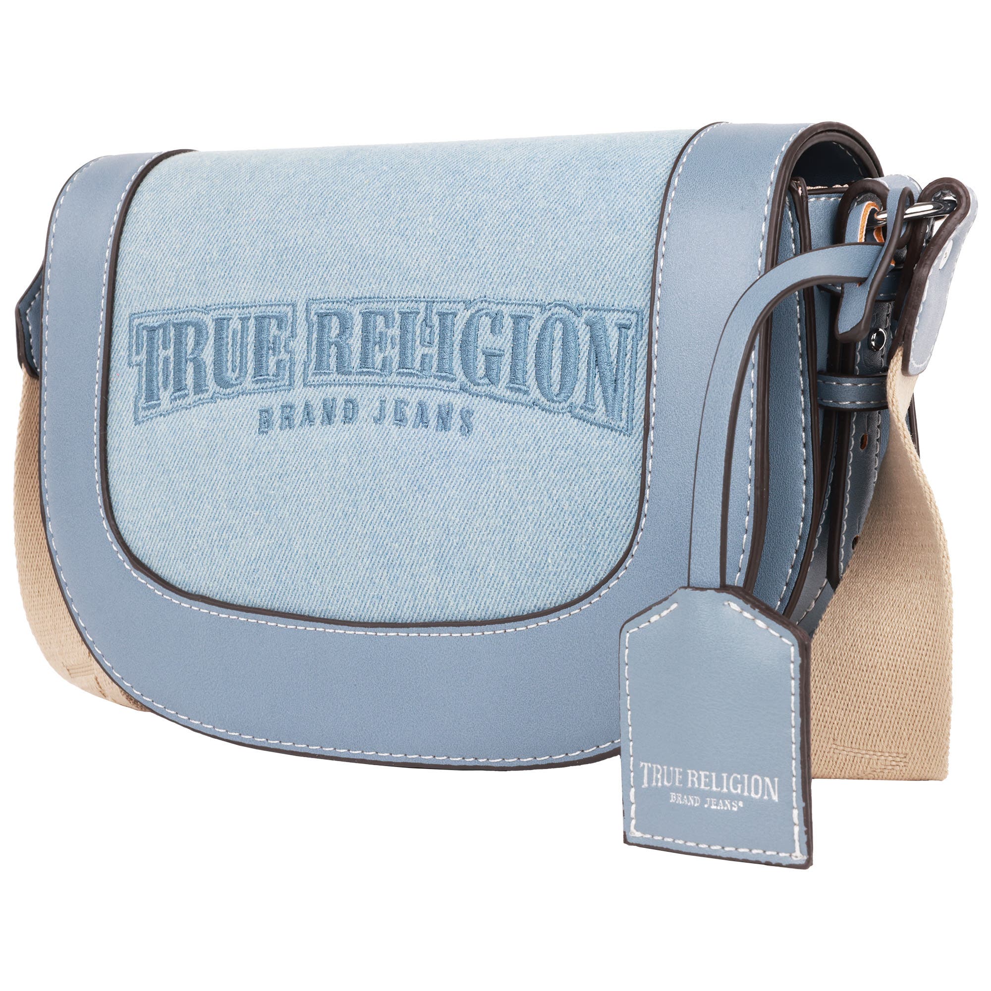 True Religion Dark Denim Logo Saddle Bag, Alternate, color, Denim