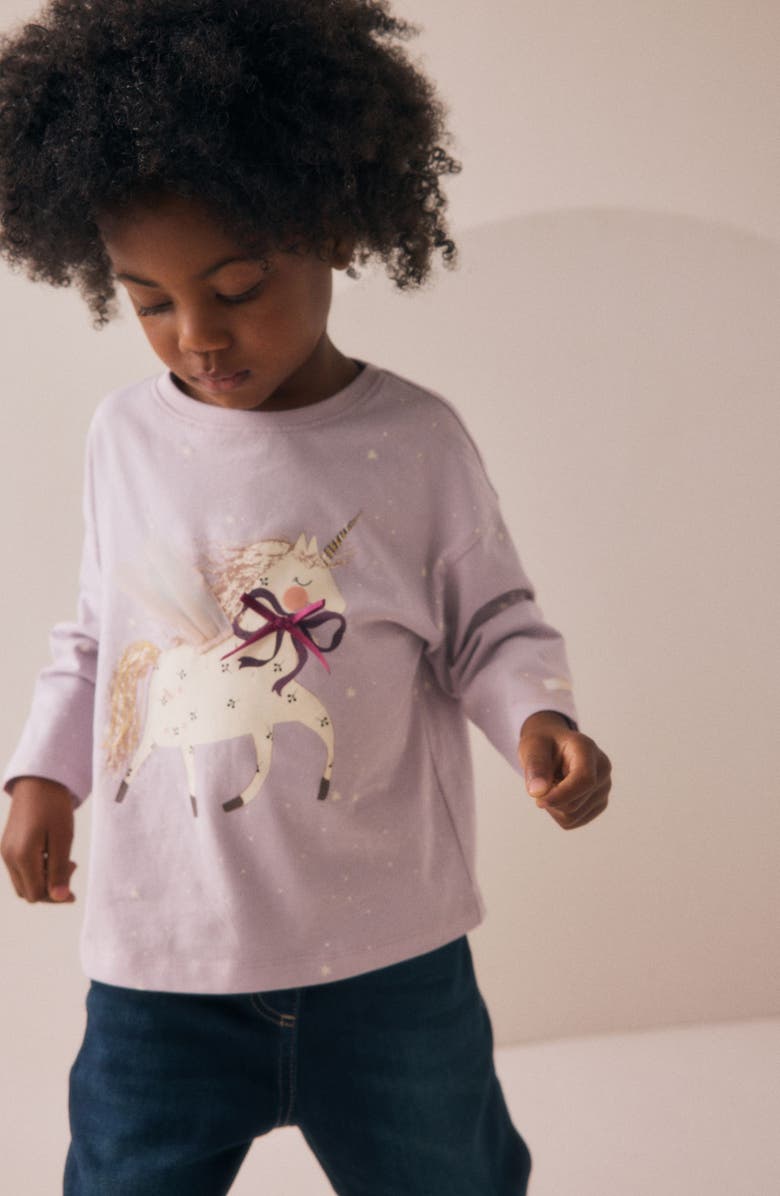 NEXT Kids' Unicorn Long Sleeve Cotton Graphic T-Shirt, Alternate, color, Purple