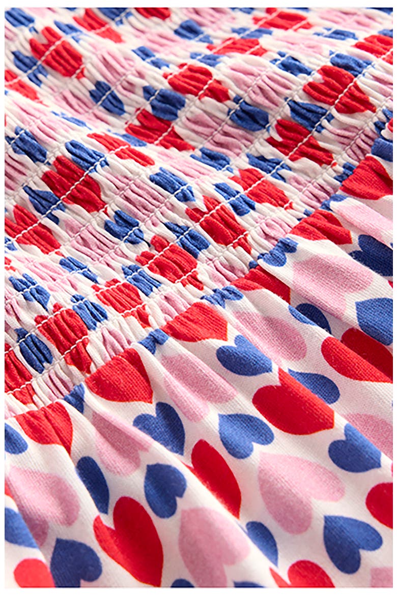 Kids' Heart Print Twirly Smocked Long Sleeve Cotton Dress, Alternate, color, POPPY RED GEO HEART