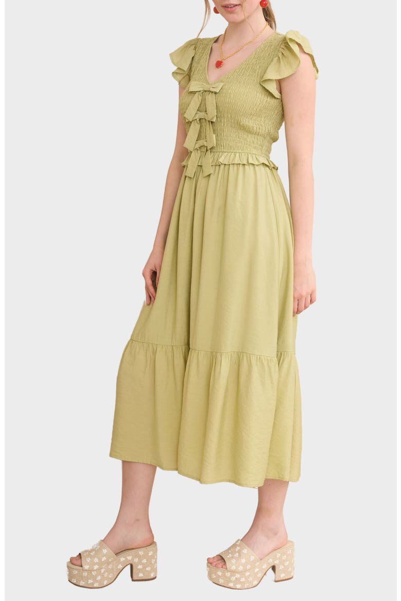 Bow Cap Sleeve Smocked Fit & Flare Midi Dress, Alternate, color, LIGHT OLIVE