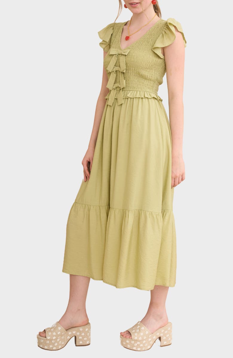 Blu Pepper Bow Cap Sleeve Smocked Fit & Flare Midi Dress, Alternate, color, Light Olive