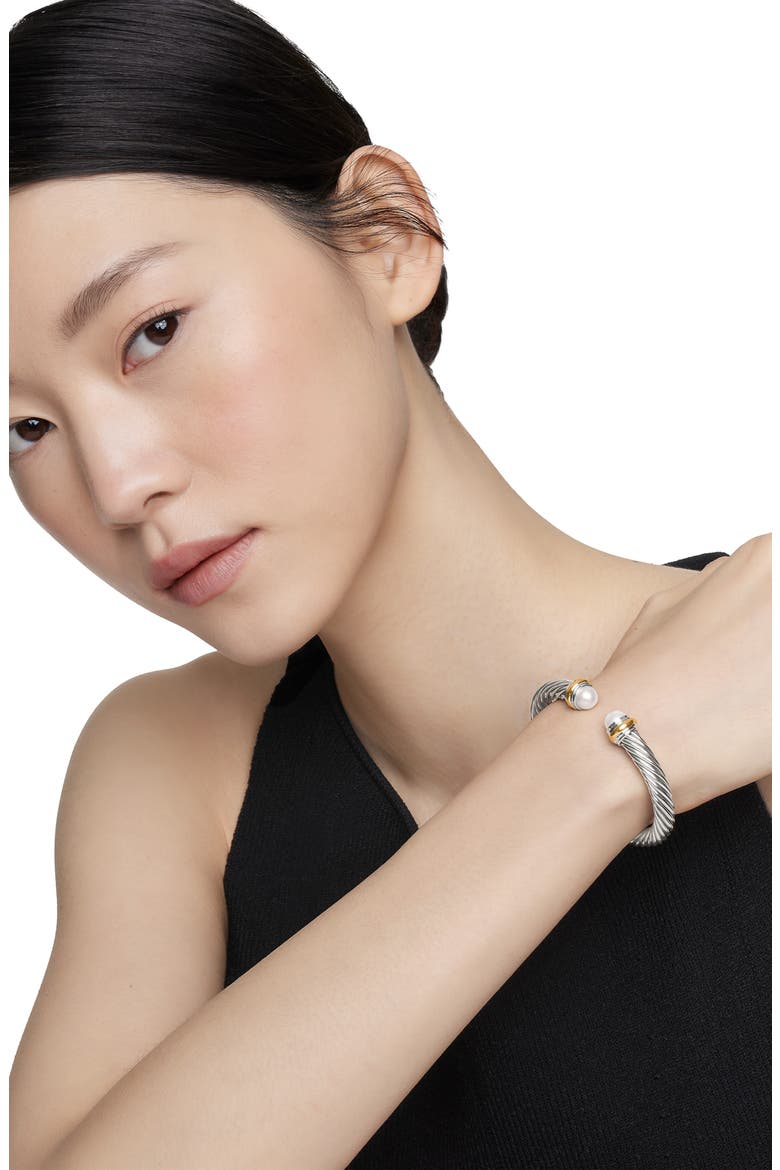 Classic Cable Bracelet in Sterling Silver with 14K Yellow Gold and Semiprecious Stones, 7mm, Alternate, color, PEARL