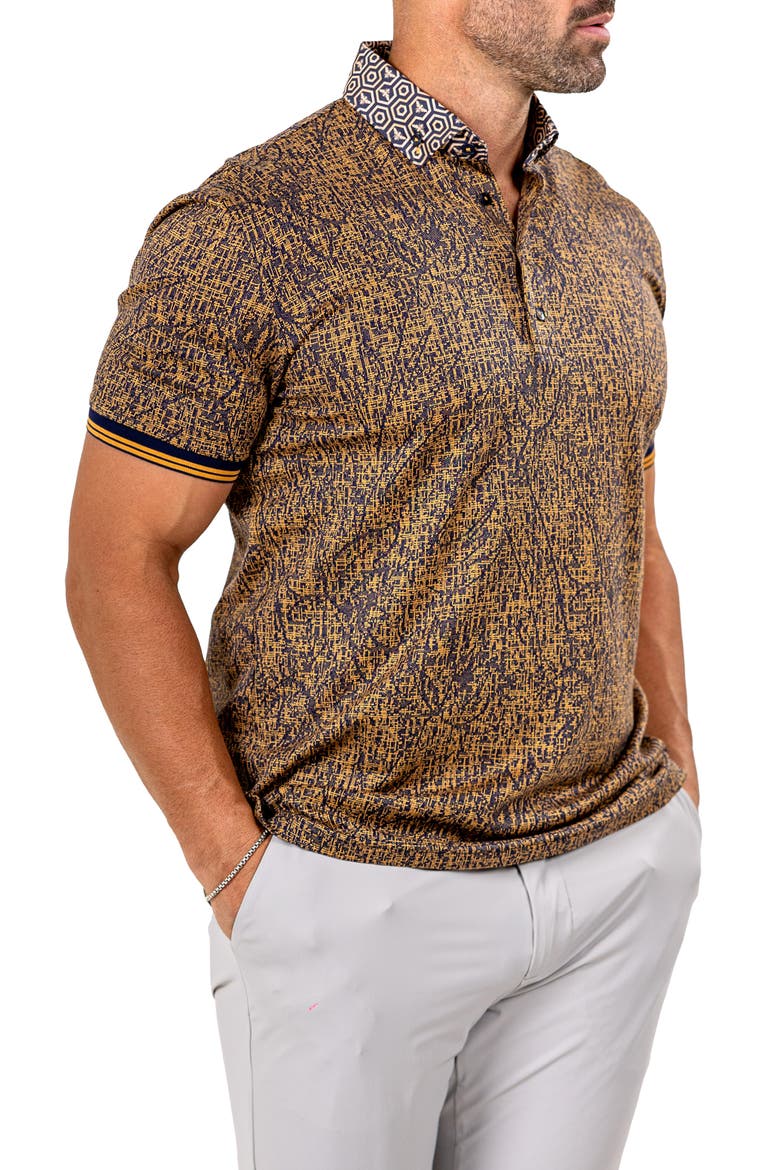 Marthyr Grid Print Contrast Collar Cotton Polo, Alternate, color, YELLOW
