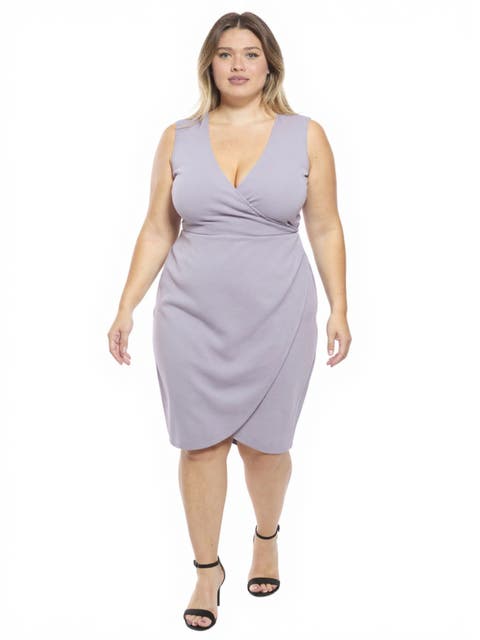 Plus Size Solid V-Neck Sleeveless Faux Wrap Tulip Hem Midi Dress