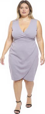 24seven Comfort Apparel Plus Size Solid V-Neck Sleeveless Faux Wrap Tulip Hem Midi Dress