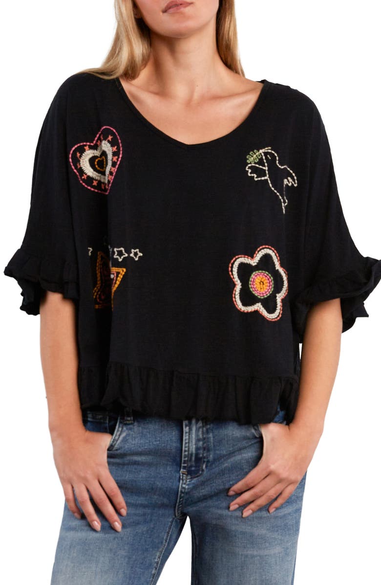 Billy T Worry Free Embroidered Ruffle Cotton Top, Main, color, Almost Black