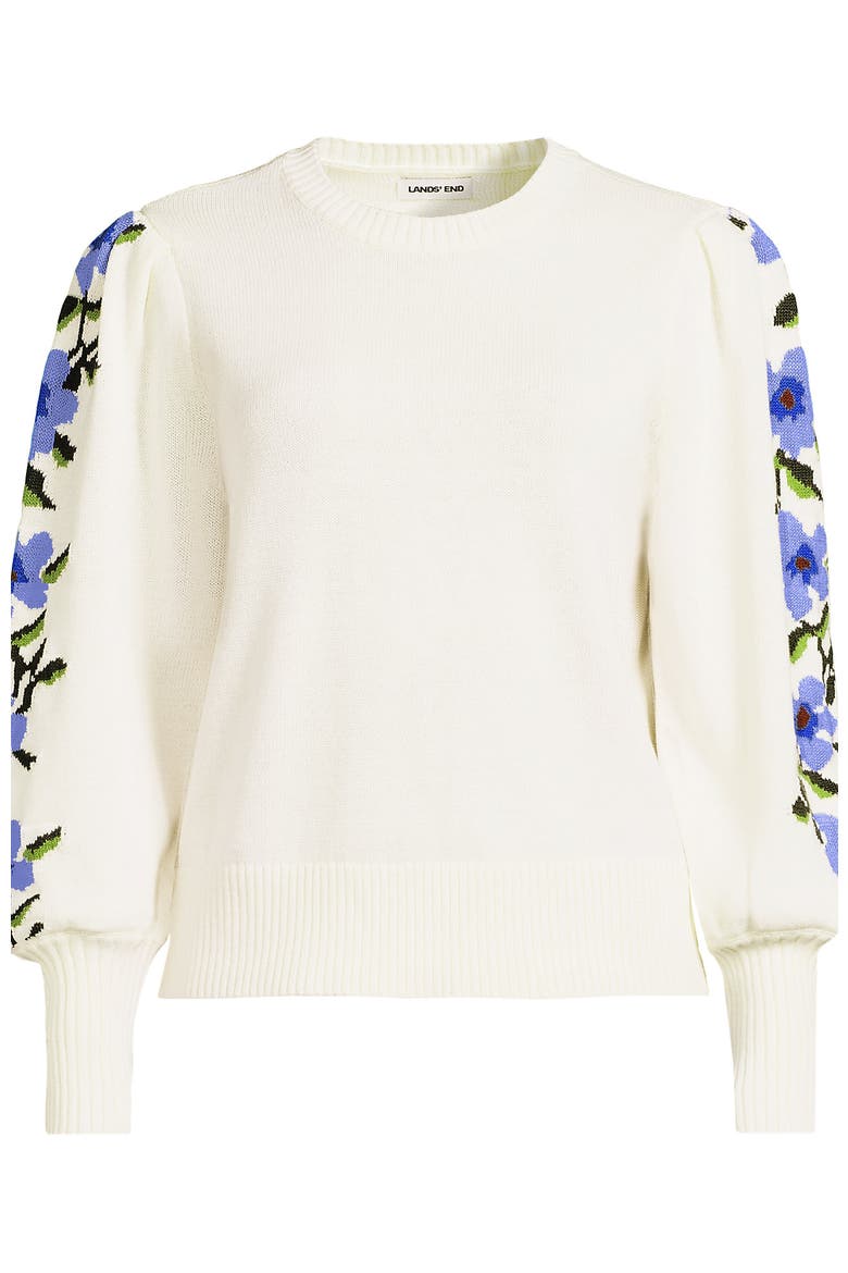 Plus Size Drifter Puff Sleeve Jacquard Crew Neck Sweater, Alternate, color, Ivory/Blue Floral