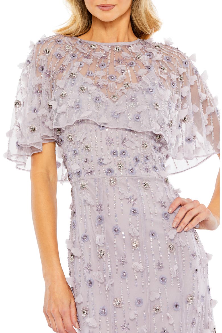 Women's Embellished Illusion Cape Sleeve Trumpet Gown, Alternate, color, VINTAGE LILAC