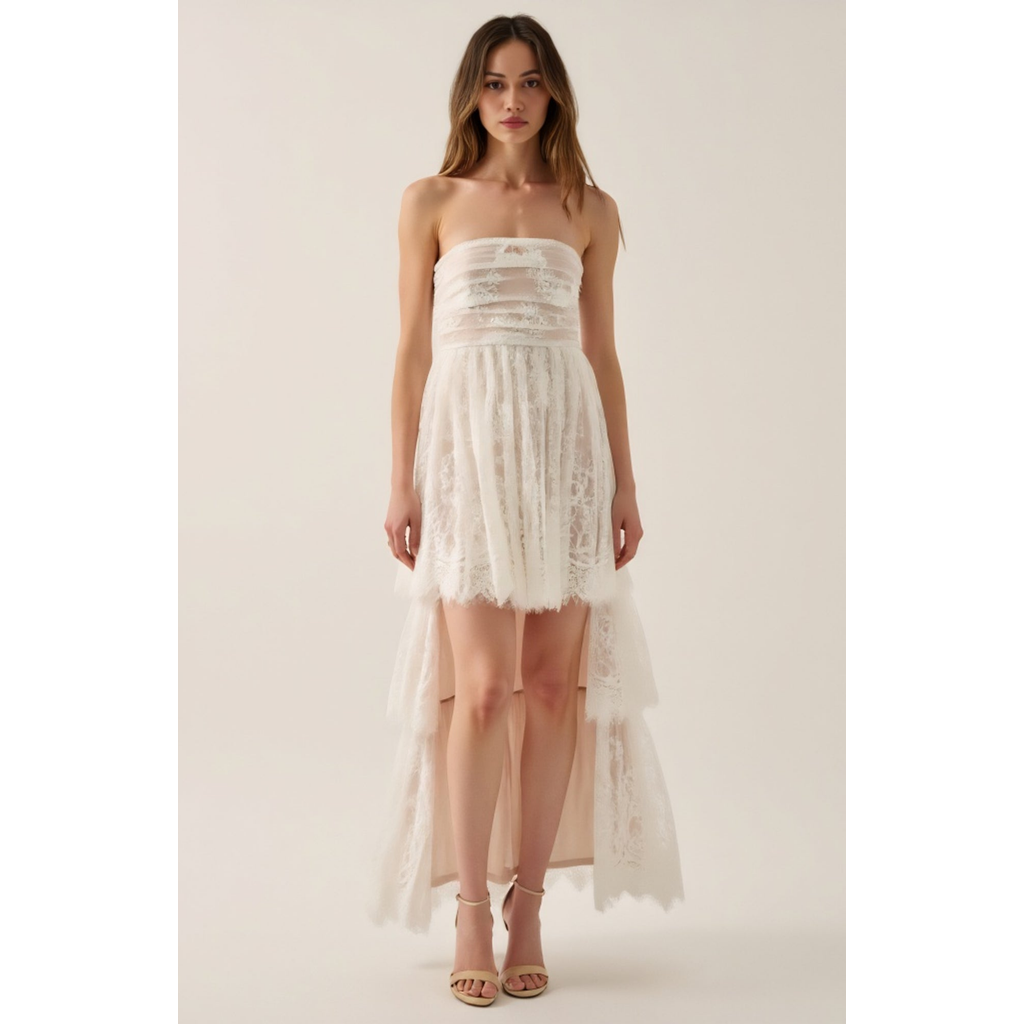 Modenaire Strapless High-low Dress With Sheer Bodice And Tiered Skirt In Brown