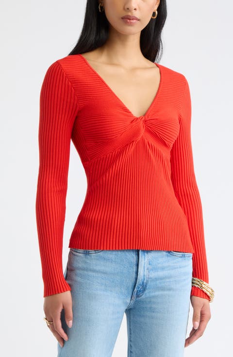 Knot Front Ribbed V-Neck Sweater