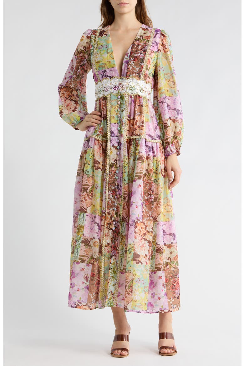 Anna Long Sleeve Button Front Maxi Dress, Main, color, FLOWER COLLAGE