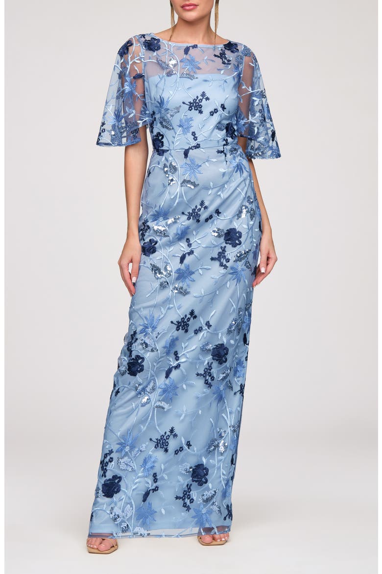 Daphne Embroidered Sequin Column Gown, Main, color, AZURE