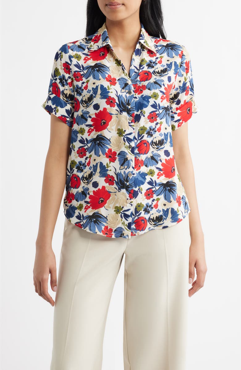 AK ANNE KLEIN Floral Print Shirt, Main, color, White Dove Multi