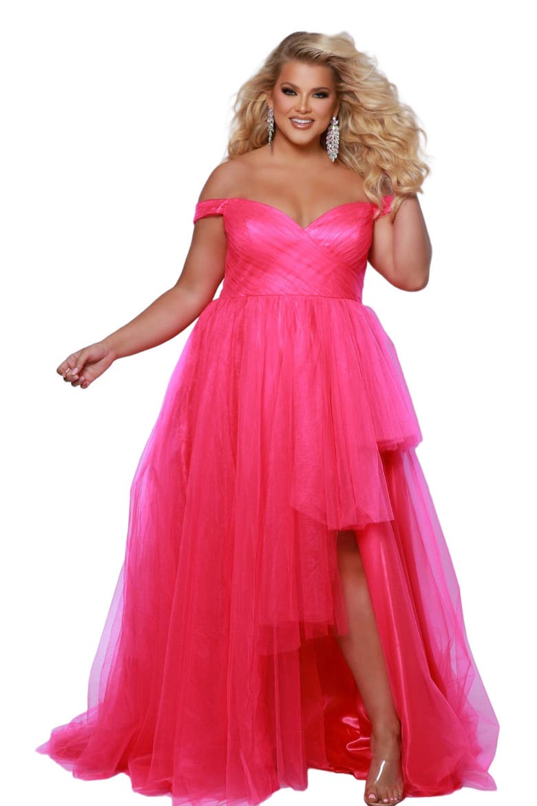 High-Low Sweetheart Neckline Off-the-Shoulder Plus Size Gown, Main, color, Pink