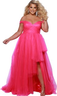 Sydney's Closet High-Low Sweetheart Neckline Off-the-Shoulder Plus Size Gown