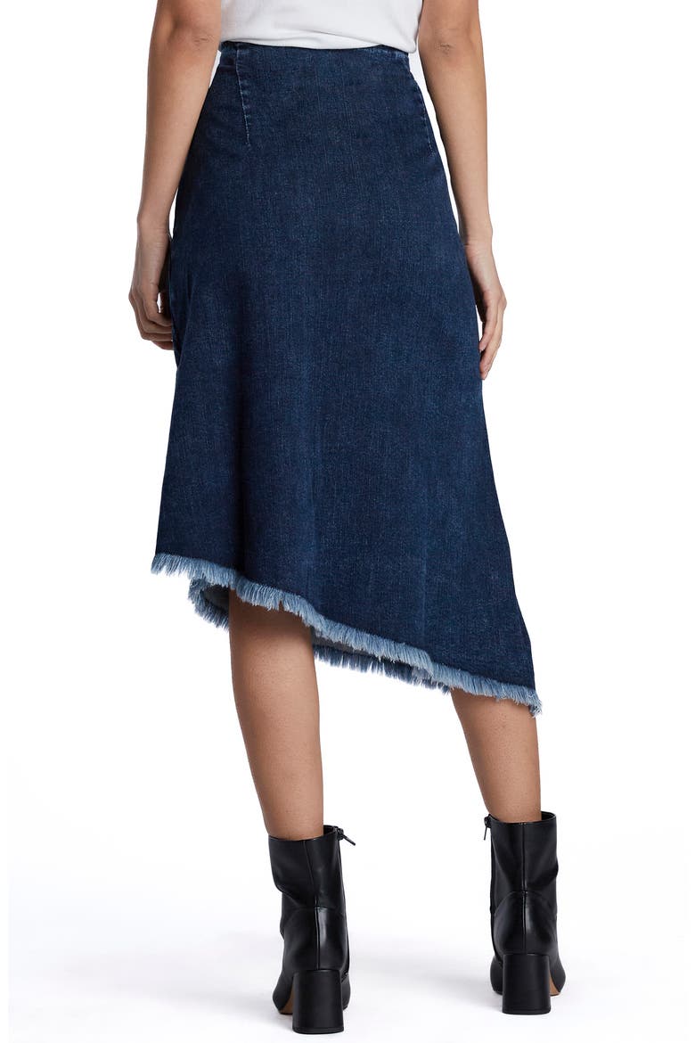 Bustle Frayed Asymmetric Denim Midi Skirt, Alternate, color, LORA BLUE