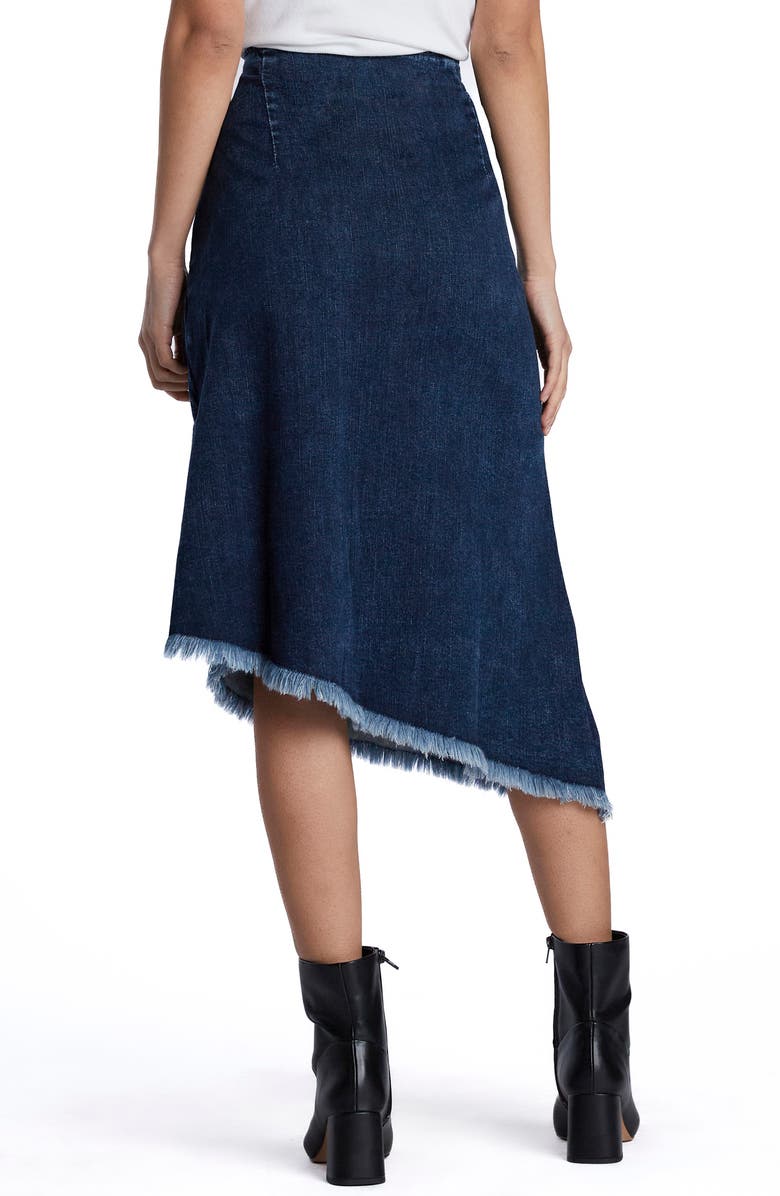 Wash Lab Denim Bustle Frayed Asymmetric Denim Midi Skirt, Alternate, color, Lora Blue
