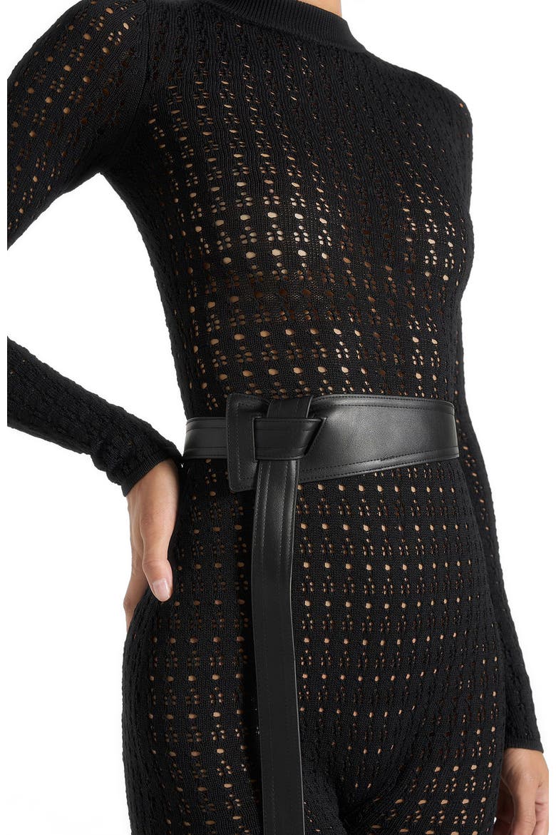 Tiana Pointelle Knit Long Sleeve Jumpsuit with Belt, Alternate, color, Black