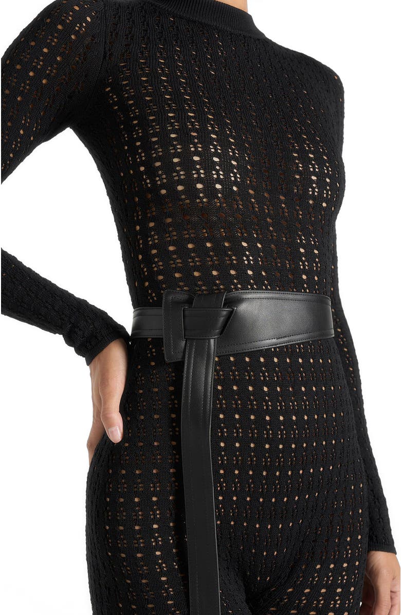 Manière De Voir Tiana Pointelle Knit Long Sleeve Jumpsuit with Belt, Alternate, color, Black