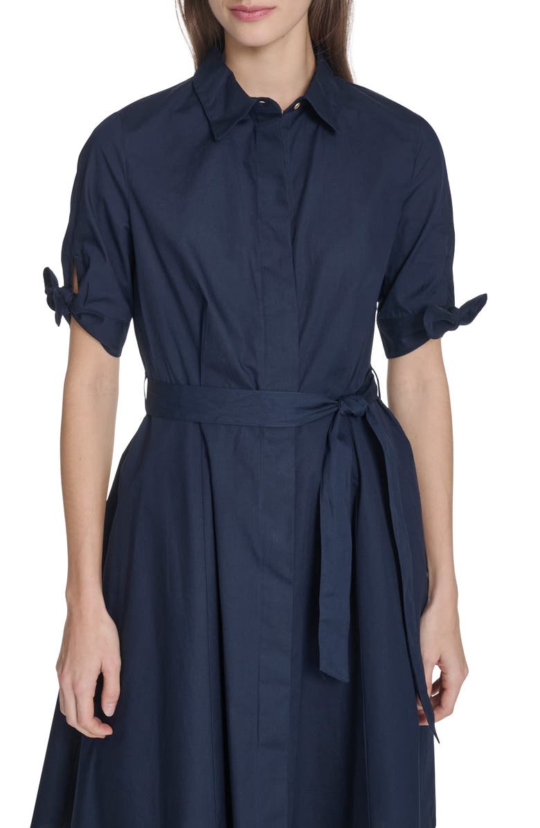 Calvin Klein Solid Cotton Shoulder Tie Shirtdress, Alternate, color, Indigo