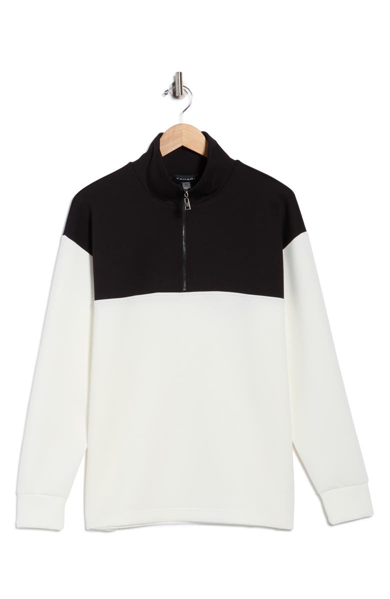 Tahari Colorblock Quarter Zip Sweatshirt, Alternate, color, Black/ White