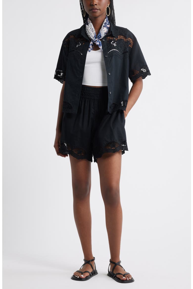 Embroidered Cutwork Cotton Camp Shirt, Alternate, color, BLACK