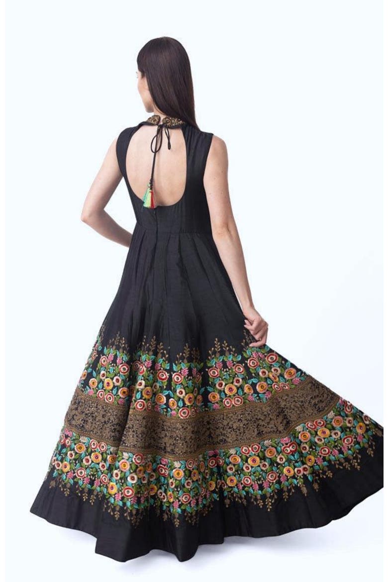 Kaylie Floral Embroidered Gown, Alternate, color, Black