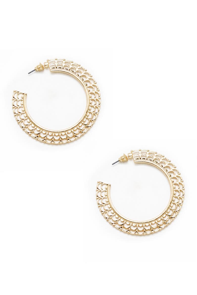 Ornate Gold Flat 50mm Hoop Earrings, Alternate, color, GOLD