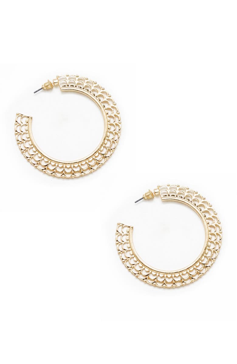 Ettika Ornate Gold Flat 50mm Hoop Earrings, Alternate, color, Gold