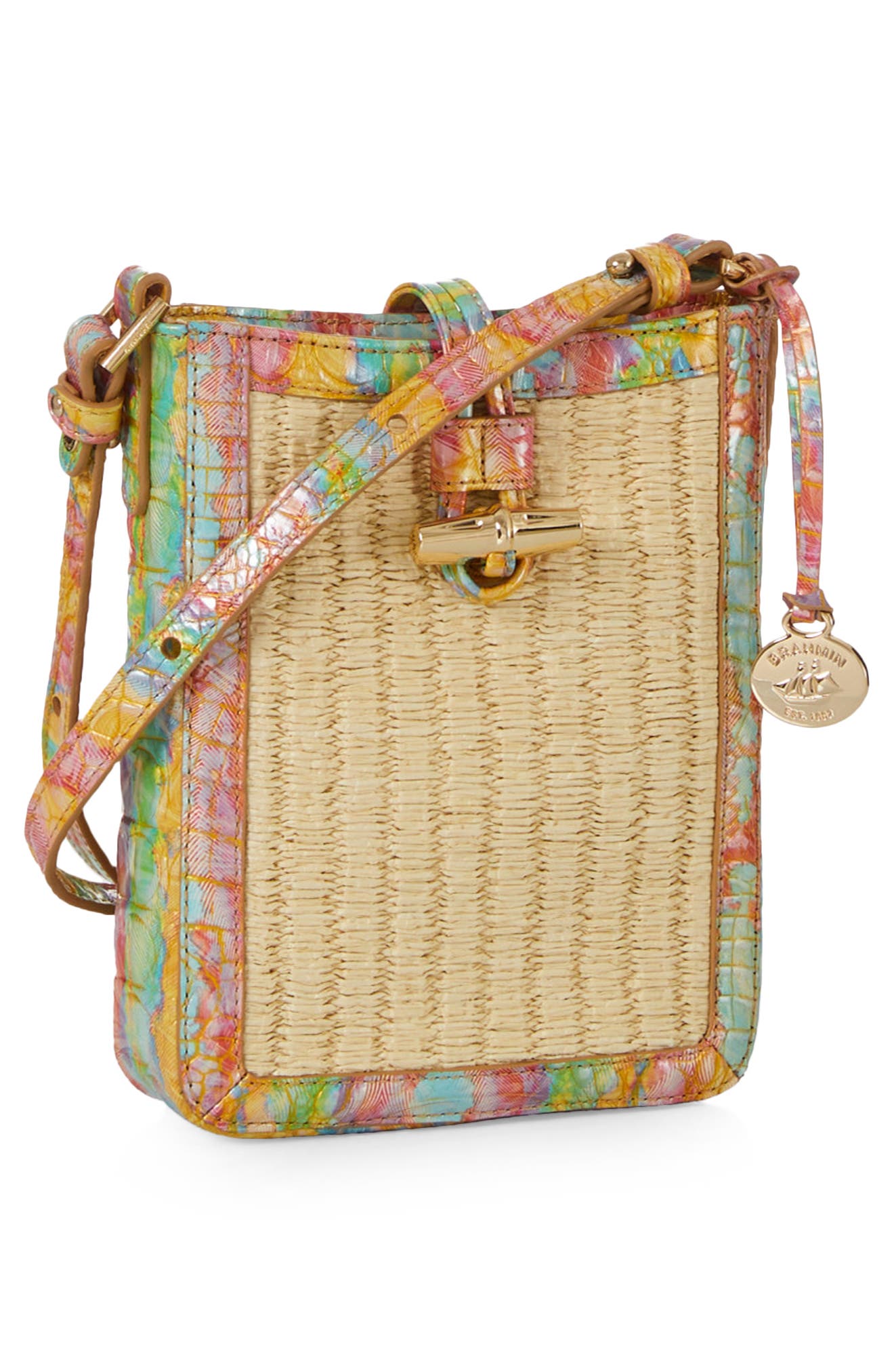 Brahmin Marley Croc Embossed Leather & Straw Crossbody Bag, Alternate, color, 