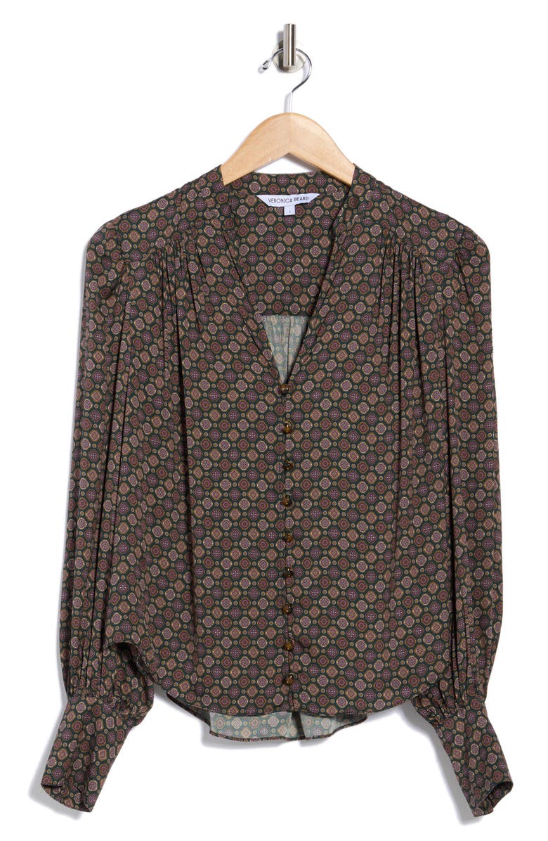 Veronica Beard Esmeralda Long Sleeve Silk Blend Button-Up Shirt, Alternate, color, Pine Multi