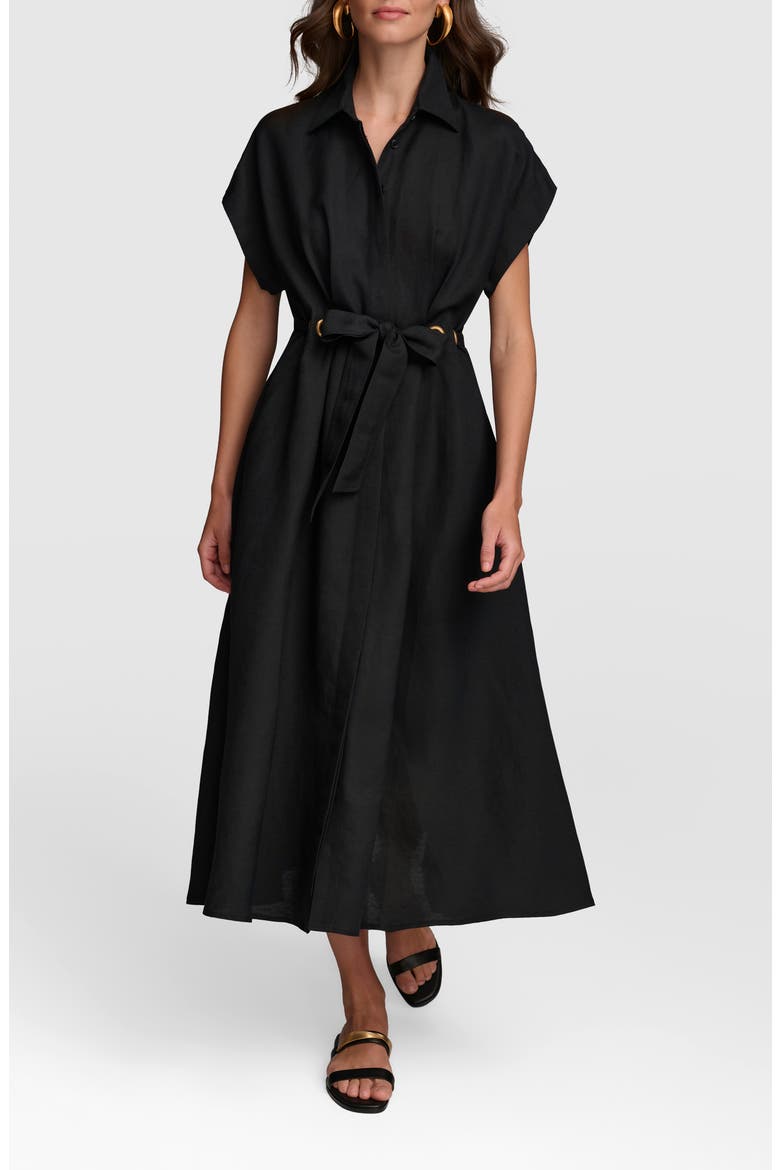 Drawstring Waist Linen Blend Shirtdress, Main, color, BLACK