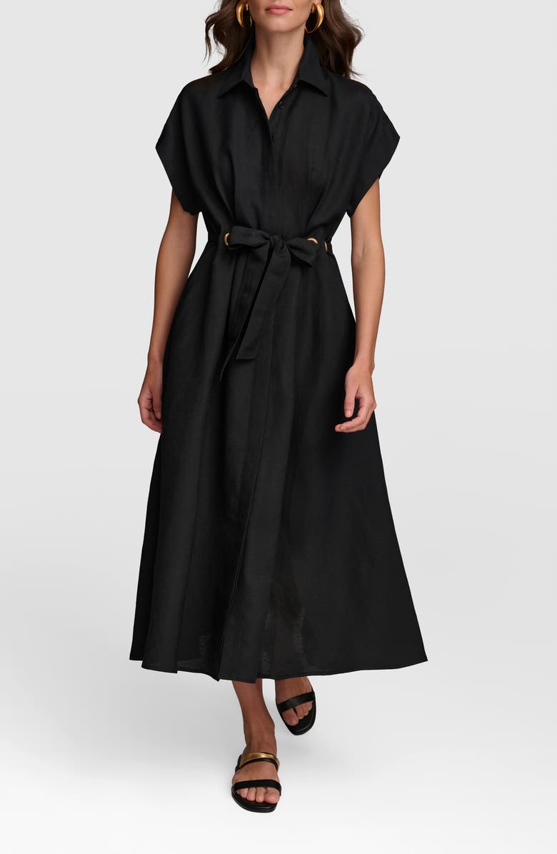 Donna Karan New York Drawstring Waist Linen Blend Shirtdress, Main, color, Black