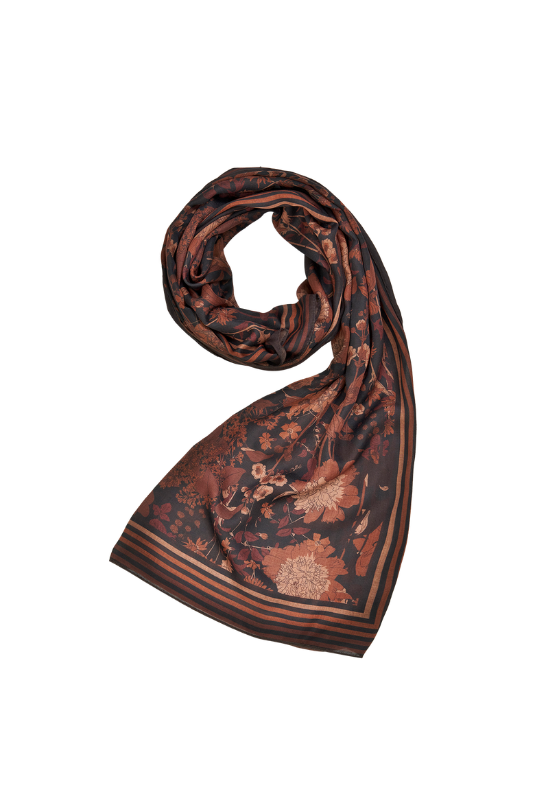 Deco Blooms Brown Stripe Border Midweight Scarf, Main, color, Black